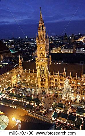 Stock Image - New Rathaus and Marienplatz with Christmas Market, Munich. Bavaria, Germany. Fotosearch