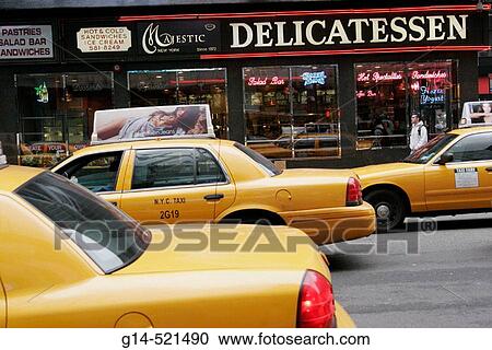New York, Manhattan, 7th Avenue, West 50th Street, Majestic Delicatessen, yellow taxi cabs, View Large Photo Image Stock Image - New York, Manhattan, 7th Avenue, West 50th Street, Majestic Delicatessen, yellow taxi cabs,. Fotosearch