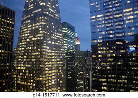 New York, New York City, NYC, Midtown, Manhattan, Bank of America Towers, skyline, skyscrapers, office buildings, lights, dusk, Empire State, view, urban, night, windows, View Large Photo Image Stock Image - New York, New York City, NYC, Midtown, Manhattan, Bank of America Towers, skyline, skyscrapers, office buildings, lights, dusk, Empire State, view, urban, night, windows,. Fotosearch