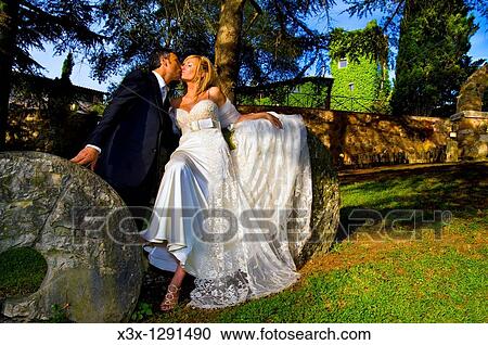 Newlyweds kissing at sunset in a park View Large Photo Image Stock Image - Newlyweds kissing at sunset in a park. Fotosearch