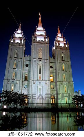 Night exposure of the famous Morman Temple and the water reflection in Salt Lake City Utah in Western USA View Large Photo Image Stock Image - Night exposure of the famous Morman Temple and the water reflection in Salt Lake City Utah in Western USA. Fotosearch