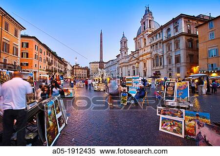 Night life in Navona Square, Rome, Lazio, Italy. View Large Photo Image Stock Photography - Night life in Navona Square, Rome, Lazio, Italy.. Fotosearch