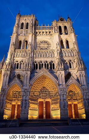 Stock Image - Night view Cathedral of Notre Dame, from XIII Century, in Amiens listed as World Heritage by UNESCO It's the Highest ghotic cathedral of France. Fotosearch