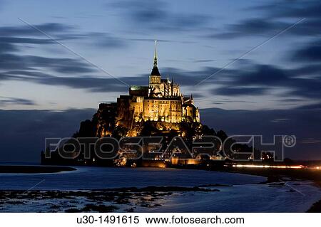 Night view of Mont-Saint Michel abbey, listed as World Heritage by UNESCO, Manche department, Lower Normandie region, France View Large Photo Image Stock Photography - Night view of Mont-Saint Michel abbey, listed as World Heritage by UNESCO, Manche department, Lower Normandie region, France. Fotosearch