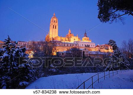 Night view of snow covered city. Segovia, Castilla Leon, Spain. View Large Photo Image Stock Photo - Night view of snow covered city. Segovia, Castilla Leon, Spain.. Fotosearch