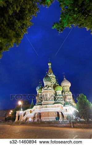 Picture - night view of the Orthodox Cathedral of St Basil in Red Square in Moscow, Russia. Fotosearch