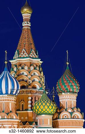 Stock Image - night view of the Orthodox Cathedral of St Basil in Red Square in Moscow, Russia. Fotosearch