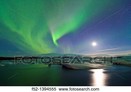 Stock Photography - Northern lights, Jokulsarlon glacier lagoon, Southern Iceland, Iceland, Europe.. Fotosearch