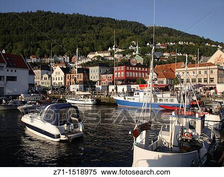 Stock Photography - Norway, Bergen, Vagen harbour scene. Fotosearch