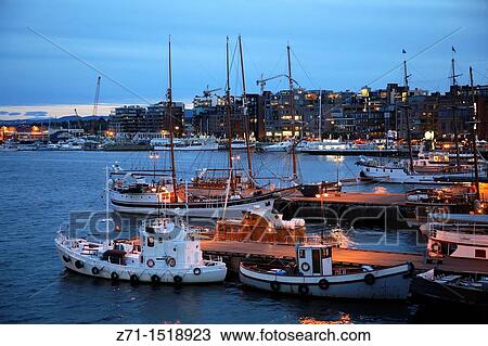 Norway, Oslo, harbour at night View Large Photo Image Stock Image - Norway, Oslo, harbour at night. Fotosearch