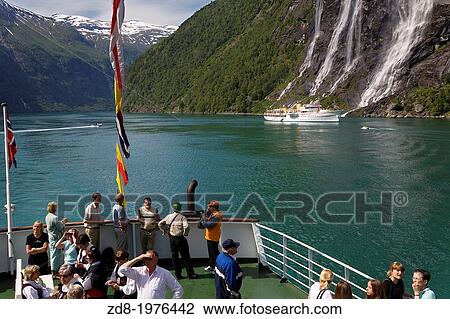 Norwegian waterfall at Geiranger Fjord. View Large Photo Image Stock Image - Norwegian waterfall at Geiranger Fjord.. Fotosearch