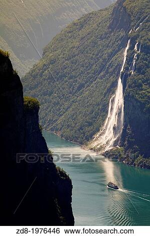 Norwegian waterfall at Geiranger Fjord. View Large Photo Image Stock Photograph - Norwegian waterfall at Geiranger Fjord.. Fotosearch