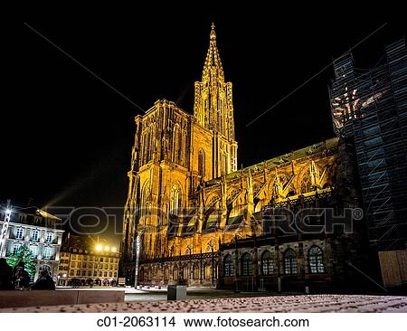 Picture - Notre-Dame gothic cathedral 14th Century at night Strasbourg Alsace France. Fotosearch