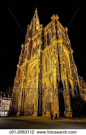 Stock Image - Notre-Dame gothic cathedral 14th Century at night Strasbourg Alsace France. Fotosearch