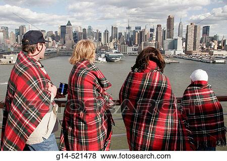 Stock Photo - Observation Deck, passengers, skyline, blanket. Holland America Line, MS Noordam. Manhattan. New York. USA.. Fotosearch