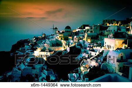 Picture - Oia village at sunset Santorini island, Cyclades islands, Aegean Sea, Greece, Europe. Fotosearch