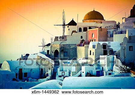 Oia village at sunset Santorini island, Cyclades islands, Aegean Sea, Greece, Europe View Large Photo Image Stock Image - Oia village at sunset Santorini island, Cyclades islands, Aegean Sea, Greece, Europe. Fotosearch