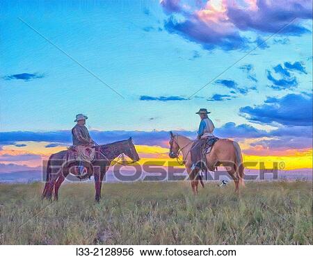 Oil painting, two mounted cowboys at dawn. View Large Photo Image Stock Photograph - Oil painting, two mounted cowboys at dawn.. Fotosearch