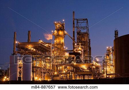 Stock Photo - Oil Refinery at dusk, Montreal east, Quebec, Canada. Fotosearch
