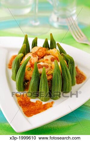 Okra with prawns. View Large Photo Image Stock Image - Okra with prawns.. Fotosearch
