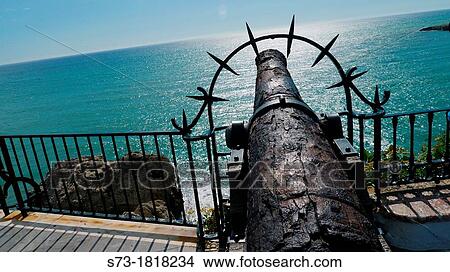 Picture - Old cannon on Balcon de Europa, the balcony of Europe, Nerja, MBlaga province, Andaluc? a, Spain. Fotosearch