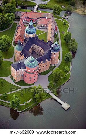 Old castle and lake, aerial view. Gripsholm castle, Mariefred, Sodermanland, Sweden View Large Photo Image Stock Photo - Old castle and lake, aerial view. Gripsholm castle, Mariefred, Sodermanland, Sweden. Fotosearch