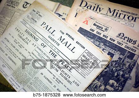 Stock Photo - old newspapers, Daily Mirror, Pall Mall, Gazette, Signing of the peace, special edition, June 28-1919, Germany signed the Treaty of Versailles, end of the World War. Fotosearch
