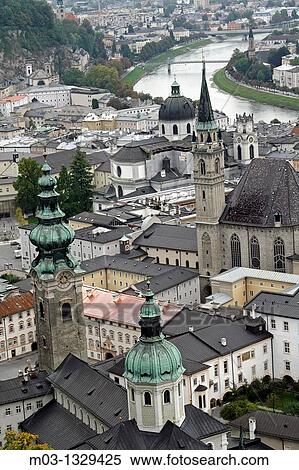 Old view of city from castle including cathedral and Salzach River, Salzburg, Austria View Large Photo Image Stock Photography - Old view of city from castle including cathedral and Salzach River, Salzburg, Austria. Fotosearch