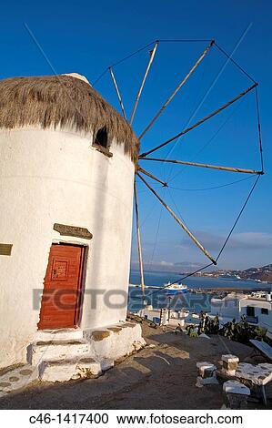 Stock Image - Old windmills Mykonos Cyclades Islands Greece. Fotosearch