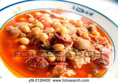 Stock Image - Olla dish, Chickpeas stew with pork meat Spain.. Fotosearch