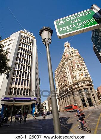 Stock Photo - On right Banco de Valencia, Calle Barcas Barcas Street, historic centre of Valencia, Spain.. Fotosearch