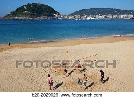 Stock Photograph - Ondarreta beach. La Concha bay. Donostia. San Sebastian, Gipuzkoa. Basque Country. Spain.. Fotosearch