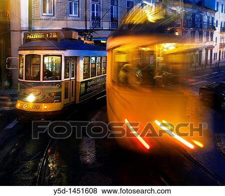 one evening in Lisbon, Portugal, famous trams View Large Photo Image Stock Photo - one evening in Lisbon, Portugal, famous trams. Fotosearch