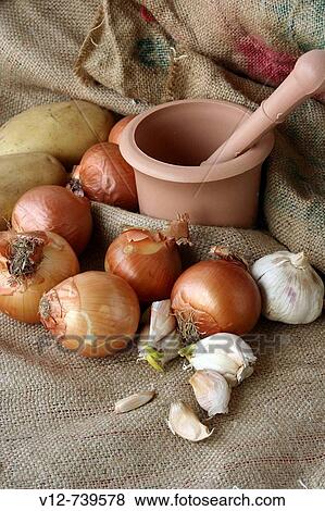 Stock Photo - Onions & garlic on jute Background. Fotosearch
