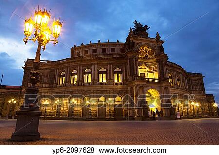Stock Photo - opera house Semperoper at night, Dresden, Saxony, Germany.. Fotosearch