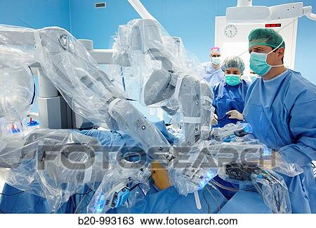 Stock Image - Operating room, prostate cancer robotic surgery, Da Vinci surgical robot, urology. Hospital Policlinica Gipuzkoa, San Sebastian, Donostia, Euskadi, Spain. Fotosearch