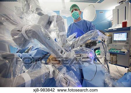 Stock Image - Operating room, prostate cancer robotic surgery, Da Vinci surgical robot, urology. Hospital Policlinica Gipuzkoa, San Sebastian, Donostia, Euskadi, Spain. Fotosearch