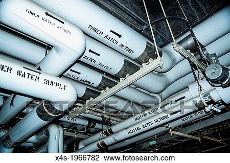 Stock Image - Oracle, Arizona USA- Interconnected piping for a chilled water system used for cooling and irrigation at Biosphere 2.. Fotosearch
