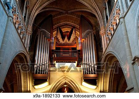 Stock Image - Organ of Notre Dame Cathedral Church, Lausanne, Switzerland, Europe. Fotosearch