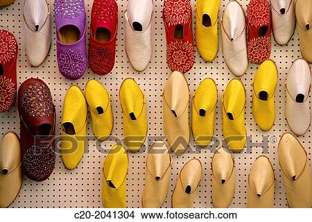Picture - Oriental slippers, Babouches, for sale, Medina, Marrakech, Morocco, North Africa.. Fotosearch