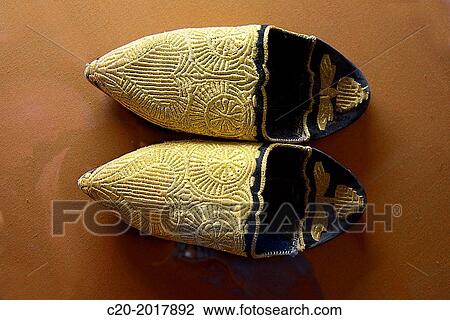 Oriental slippers, gold embroidered, Art of Living Museum, Marrakech Morocco North Africa. View Large Photo Image Stock Image - Oriental slippers, gold embroidered, Art of Living Museum, Marrakech Morocco North Africa.. Fotosearch
