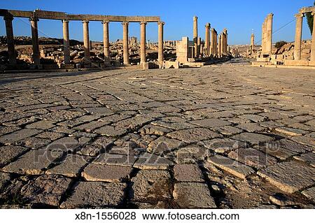 Stock Photo - Oval Forum, ancient Gerasa 2nd-6th century, UNESCO World Heritage site, Jerash, Jordan. Fotosearch
