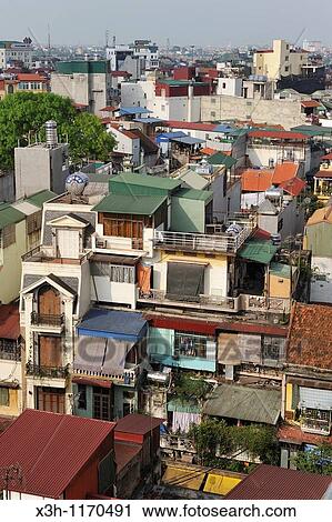 Stock Image - overview of Hanoi from the roof of Hong Ngoc hotel in Luang Van Can street, Northern Vietnam, southeast asia. Fotosearch
