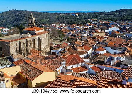 Stock Photography - Overview of Montanchez and San Mateo church, in Caceres province, Extremadura, Spain.. Fotosearch