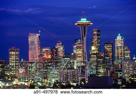 Overview on the city skyline and Space Needle at dusk, Seattle. Washington, USA View Large Photo Image Stock Photo - Overview on the city skyline and Space Needle at dusk, Seattle. Washington, USA. Fotosearch