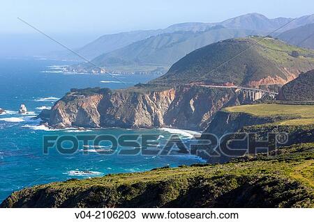 Pacific Ocean with Bixby Bridge and coastal landscape seen from Highway No. 1, California, USA View Large Photo Image Stock Image - Pacific Ocean with Bixby Bridge and coastal landscape seen from Highway No. 1, California, USA. Fotosearch