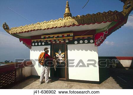 Stock Image - Painted doorway guardian on roof of Zangdok Palrifo Brang Gompa, Kalimpong, Sikkim, India.. Fotosearch