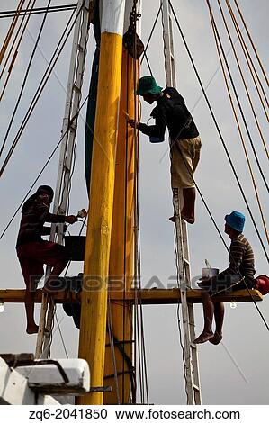 Stock Image - Painting of a Mast in the Port Sunda Kepala in Jakarta, Indonesia.. Fotosearch