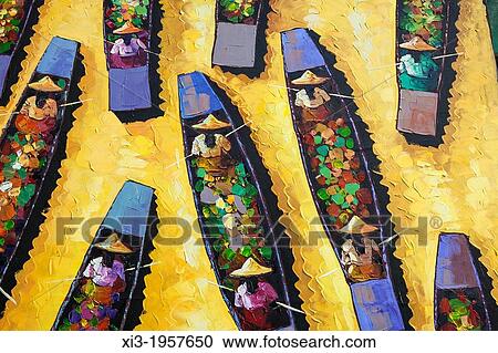 Painting of boats in a floating market, Yangon, (Rangoon), Myanmar, (Burma). View Large Photo Image Stock Image - Painting of boats in a floating market, Yangon, (Rangoon), Myanmar, (Burma).. Fotosearch
