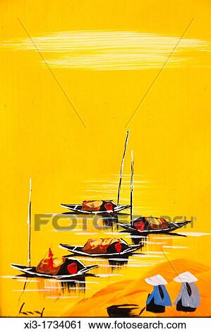Painting of boats on a lake, Vietnam View Large Photo Image Stock Image - Painting of boats on a lake, Vietnam. Fotosearch